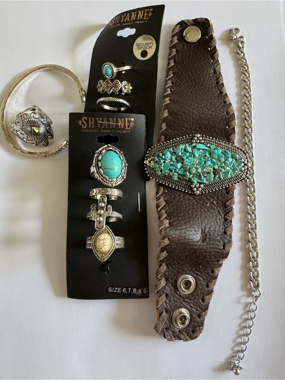 Shyanne 6, 7, 8 & 9 Rings/Brown Leather Cuff Bracelet with Turquoise Chip Center